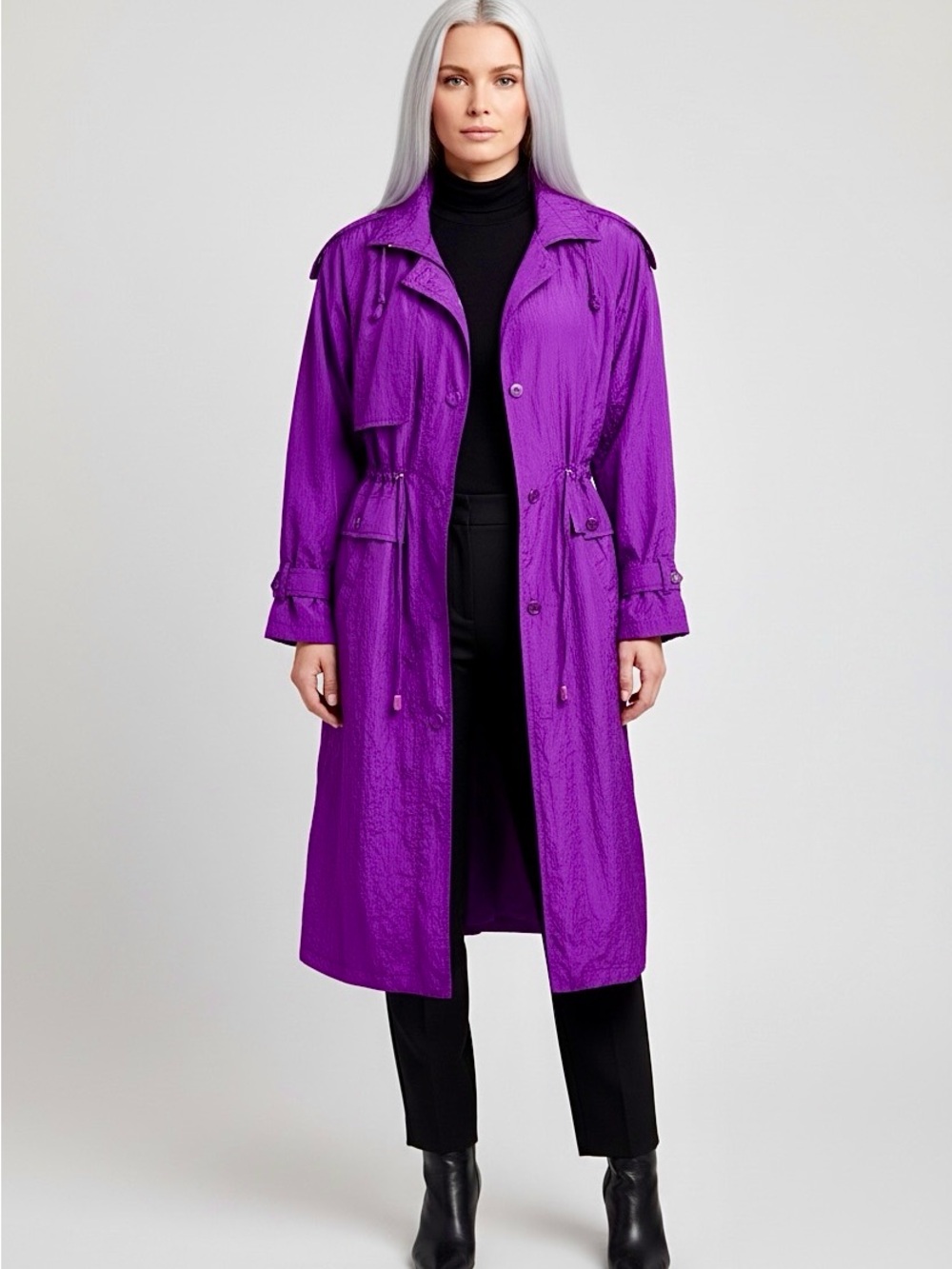 80s 90s PURPLE Shimmer Krinkle Nylon New Wave Statement Raincoat | M
